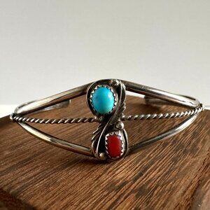 Native American Turquoise and Coral Cuff Bracelet Signed Sterling P
